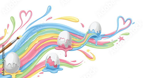 Creative Easter eggs melt into vibrant rainbow paint splashes with a paintbrush evoking playful artistry and joyful celebration, Generative AI.