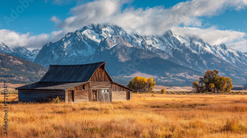 Breathtaking Autumn Landscape Featuring a Vintage Barn Against Majestic Snow-Capped Mountains and a Vibrant Sky - A Perfect Scene for Nature Lovers and Photographers