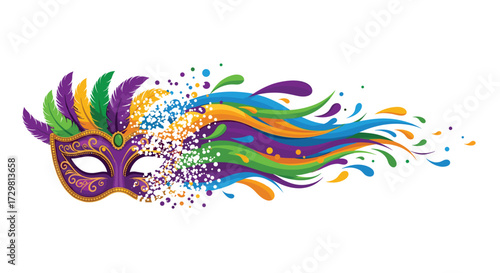 Vibrant Mardi Gras mask bursts with colorful confetti and flowing ribbons embodying festive celebration and masquerade mystery, Generative AI.