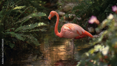 Discover the Serene Beauty of a Flamingo in Its Natural Habitat: A Stunning Depiction of Wildlife and Nature Reflecting in Tranquil Waters Surrounded by Lush Greenery