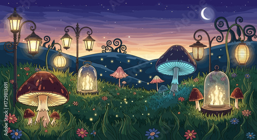 Enchanting twilight fantasy landscape with glowing mushrooms, whimsical lanterns, and fireflies amidst lush grass and wildflowers.