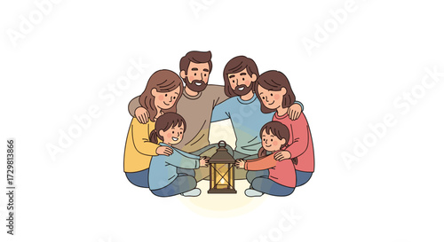 Joyful family shares warmth and connection around a glowing lantern creating cherished memories together in a loving embrace, Generative AI.