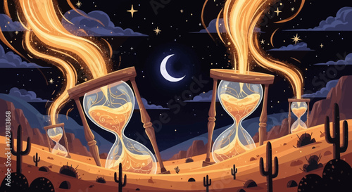 Hourglasses with Flowing Golden Sand in Desert Night Illustration