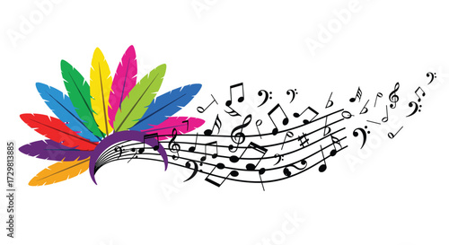 Vibrant carnival feathers blend with flowing musical notes creating a festive celebratory atmosphere perfect for events and parties, Generative AI.
