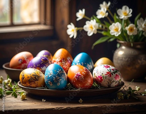 Wallpaper Mural Decorated eggs on a rustic wooden table, nestled in greenery, with spring flowers in the background Torontodigital.ca