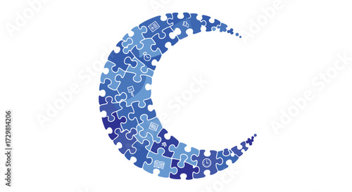 Assembled blue puzzle pieces form a crescent moon shape symbolizing unity learning and the passage of time, Generative AI.