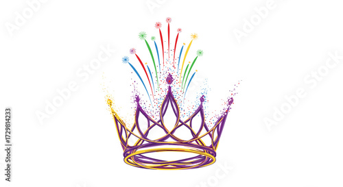 Celebrate victory with a vibrant dazzling crown bursting with colorful confetti and festive fireworks symbolizing achievement and royalty, Generative AI.