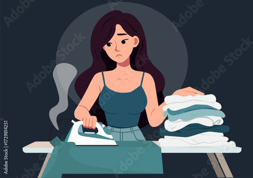 Flat illustration of a woman ironing clothes.