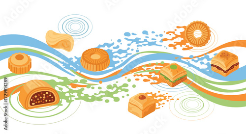 Delectable pastries and sweet treats artfully arranged amidst vibrant flowing abstract shapes and colors, Generative AI.
