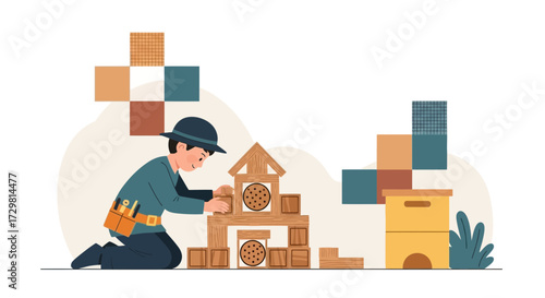 Illustration of a boy playing with wooden blocks constructing a house with creativity and