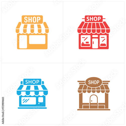Four Colorful Shop Icons Yellow, Red, Blue, and Brown Retail Storefront Variations