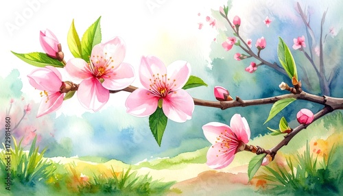 Wallpaper Mural Delicate watercolor painting of a blossoming branch, showcasing soft pink flowers and green leaves against a blurred spring landscape Torontodigital.ca