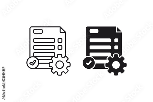 Project management icon with documents, gears, and check marks. Suitable for business and project management concepts in presentations or marketing.