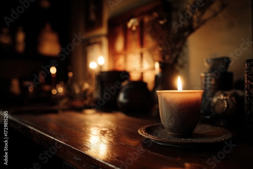 Cozy Candlelight Glow Illuminates a Warm, Inviting Cafe Interior with Soft Bokeh Lights.