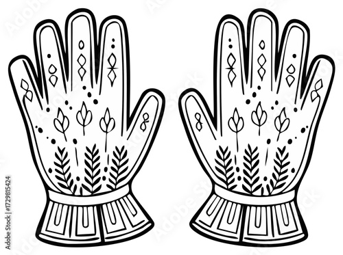 Decorative Folk Art Gloves with Floral and Geometric Patterns Line Art Illustration