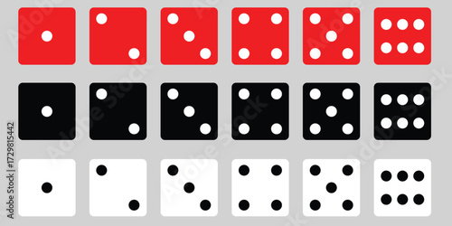  Dice game with six faces for play. Game dice. Set of game dice, isolated on white background.  Gamble games. Rolling dice, numbers one to six. Dices dots or dot. Dice in a flat and linear design.