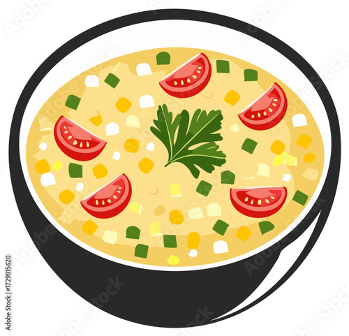 Delicious bowl of vegetable soup with tomatoes, parsley, and corn, ready to eat.
