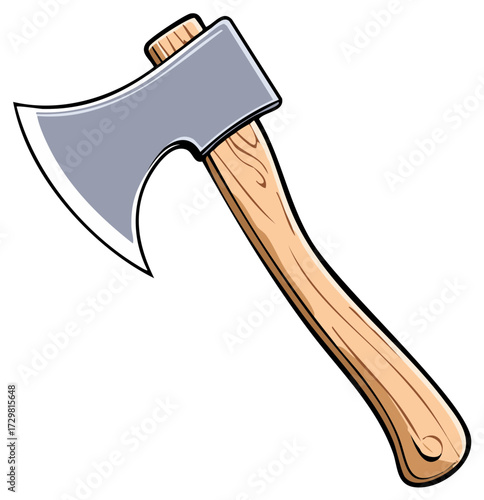 Cartoon axe with sharp metal blade and wooden handle isolated on white