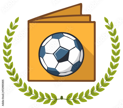 Stylized football on an open book framed by a laurel wreath representing sports knowledge and achievement