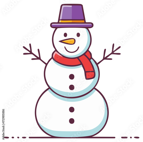 Whimsical Cartoon Snowman with Purple Hat and Red Scarf Icon Style