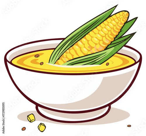 Delicious Yellow Corn Soup Served in a White Bowl with a Fresh Corn Cob