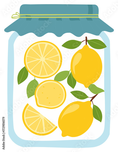Lemons in a glass jar, halved lemons and slices with green leaves, vector illustration