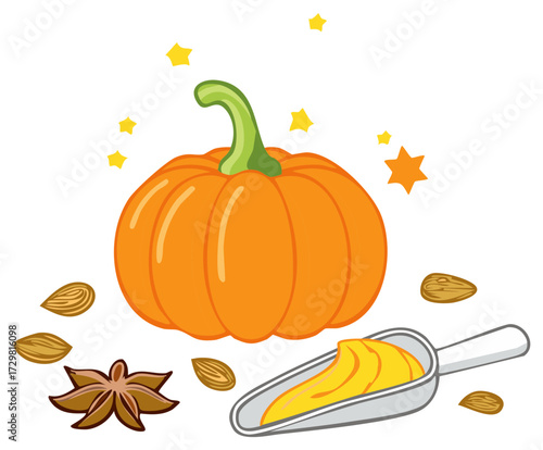 Cartoon pumpkin with puree scoop star anise and seeds for autumn baking illustration