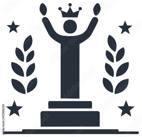 Crowned winner with raised arms on podium celebrating success and achievement icon