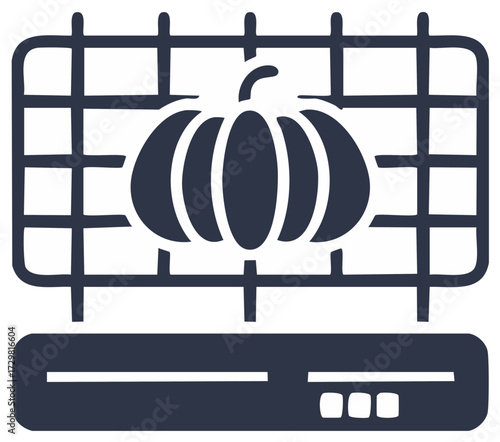 Dark blue illustration of pumpkin on stove top, kitchen icon for cooking season symbol, fall recipes
