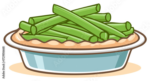 Cartoon illustration of a classic green bean casserole side dish in a baking pan