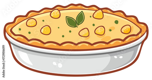 Homemade Chicken Pot Pie in White Dish with Green Leaves and Yellow Pieces