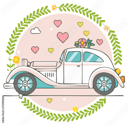 Cute vintage wedding car with flowers and hearts romantic vector illustration