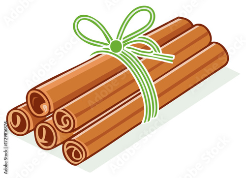 Bundled cinnamon sticks tied with a green ribbon and bow for cooking and baking