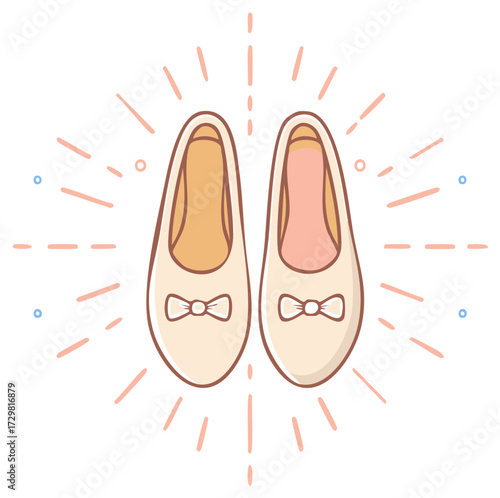 Cute cartoon illustration of a shiny pair of women's ballet flat shoes with bows