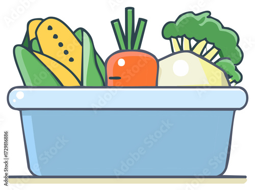 Vibrant Fresh Corn, Carrot, and Broccoli in a Blue Bowl Healthy Food Illustration