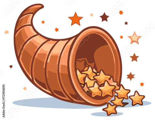 Abundance and Fortune Cartoon Cornucopia Filled with Golden Stars Falling Out Icon isolated
