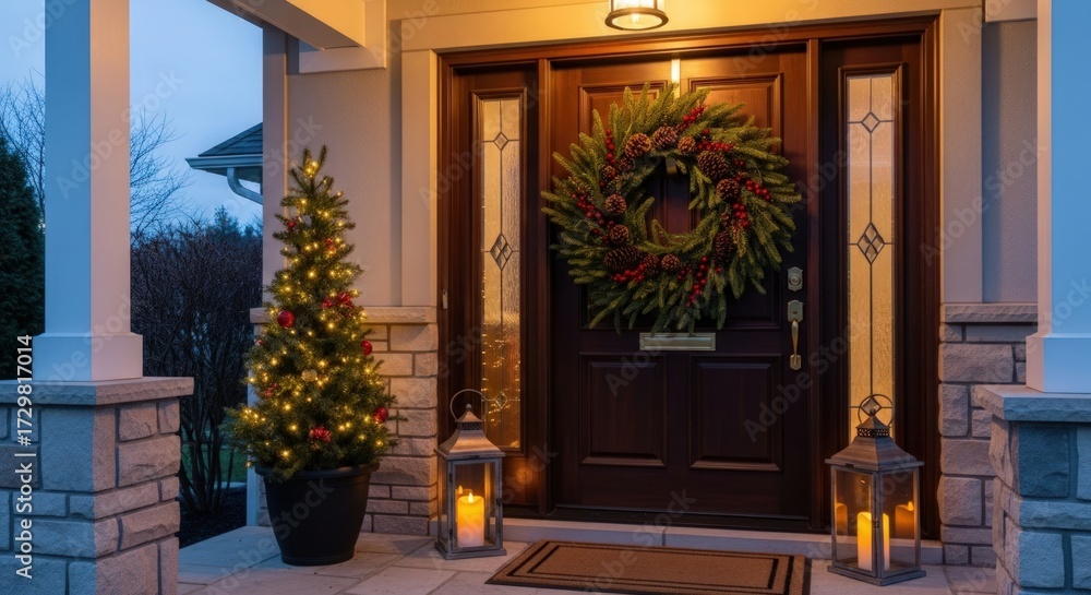Fototapeta premium Welcome guests with a festive Christmas door adorned with a wreath and a glowing tree.