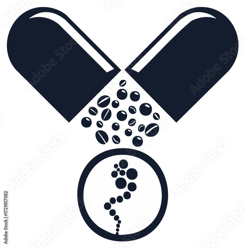 Open Medicine Capsule Releasing Small Pills and Bubbles in a Circle