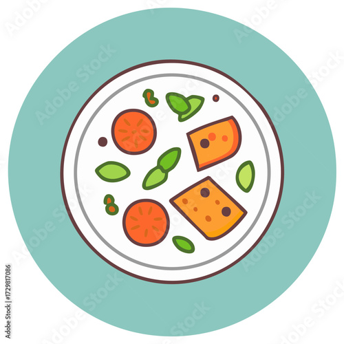 Overhead view of a bowl of soup with vegetables and cheese on a teal circle.