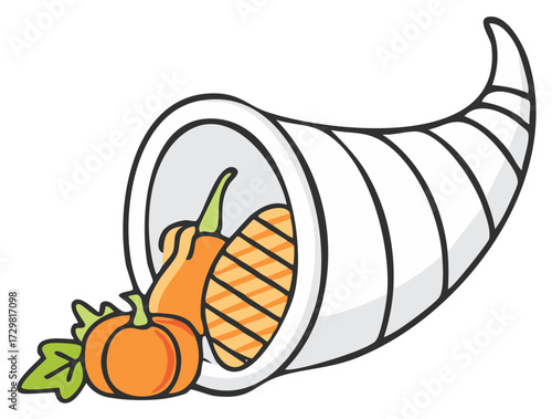 Thanksgiving Cornucopia with Pumpkins and Harvest Vegetables Cartoon Graphic
