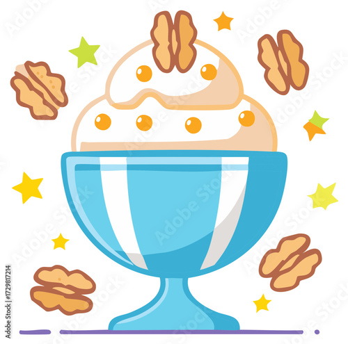 Stylized ice cream sundae topped with walnuts in a cartoon blue bowl with floating stars