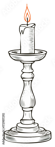 Elegant hand drawn illustration of a tall candle and ornate candlestick with flickering flame