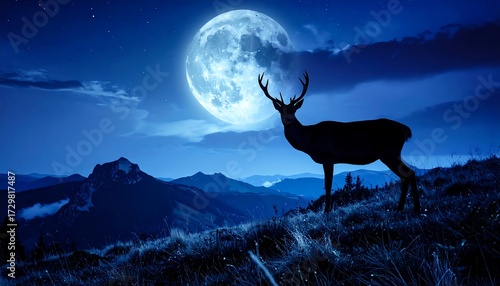 A silhouette of a deer standing on a hilltop, facing towards a full moon in a mountainous landscape