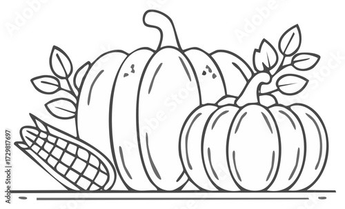 Harvest Bounty Line Art Depicts Pumpkins, Corn, and Foliage Arranged on a Table, Ideal for Coloring Pages or Autumn Illustrations