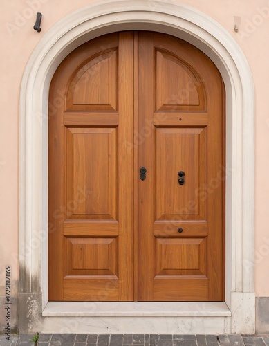Wallpaper Mural Double arched wooden door in a light pink stone archway Torontodigital.ca