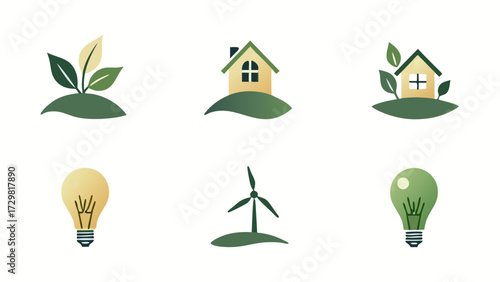 Green Energy and Sustainable Living Icons Eco-Friendly House, Wind Turbine, and Light Bulb Symbols representing a commitment to a cleaner environment
