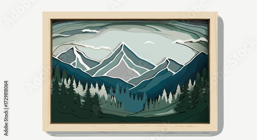 Artistic layered paper cut mountain range landscape artwork with pine forest and cloudy sky, beautifully framed in a wooden shadow box for home decor