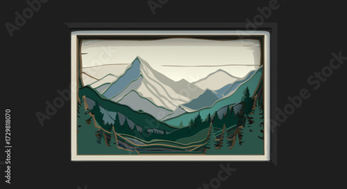 Serene mountain landscape artwork with layered trees and peaks, evoking a sense of natural beauty and outdoor adventure
