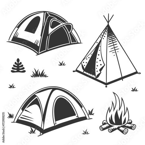 Collection of hand drawn camping illustrations featuring tents teepee campfire and grass elements on a white background