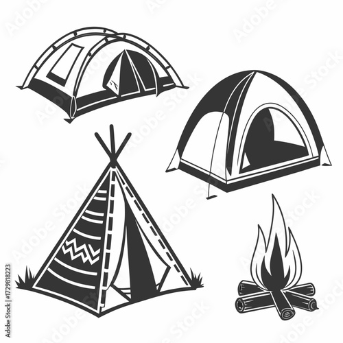 Collection of camping icons including two modern tents a traditional teepee and a campfire with logs on a white background